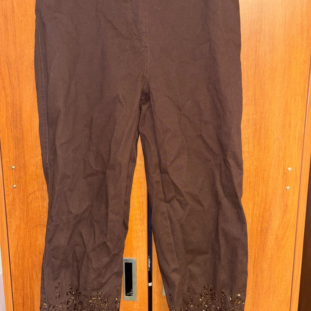 Quacker Factory Brown Straight Leg Pants with Embellished Hem